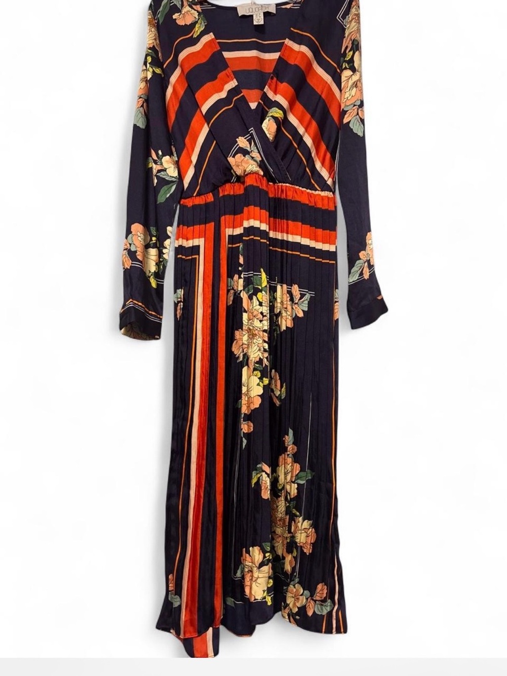 Liquorish Long Sleeve Floral Stripe Maxi Dress - Navy & Orange
